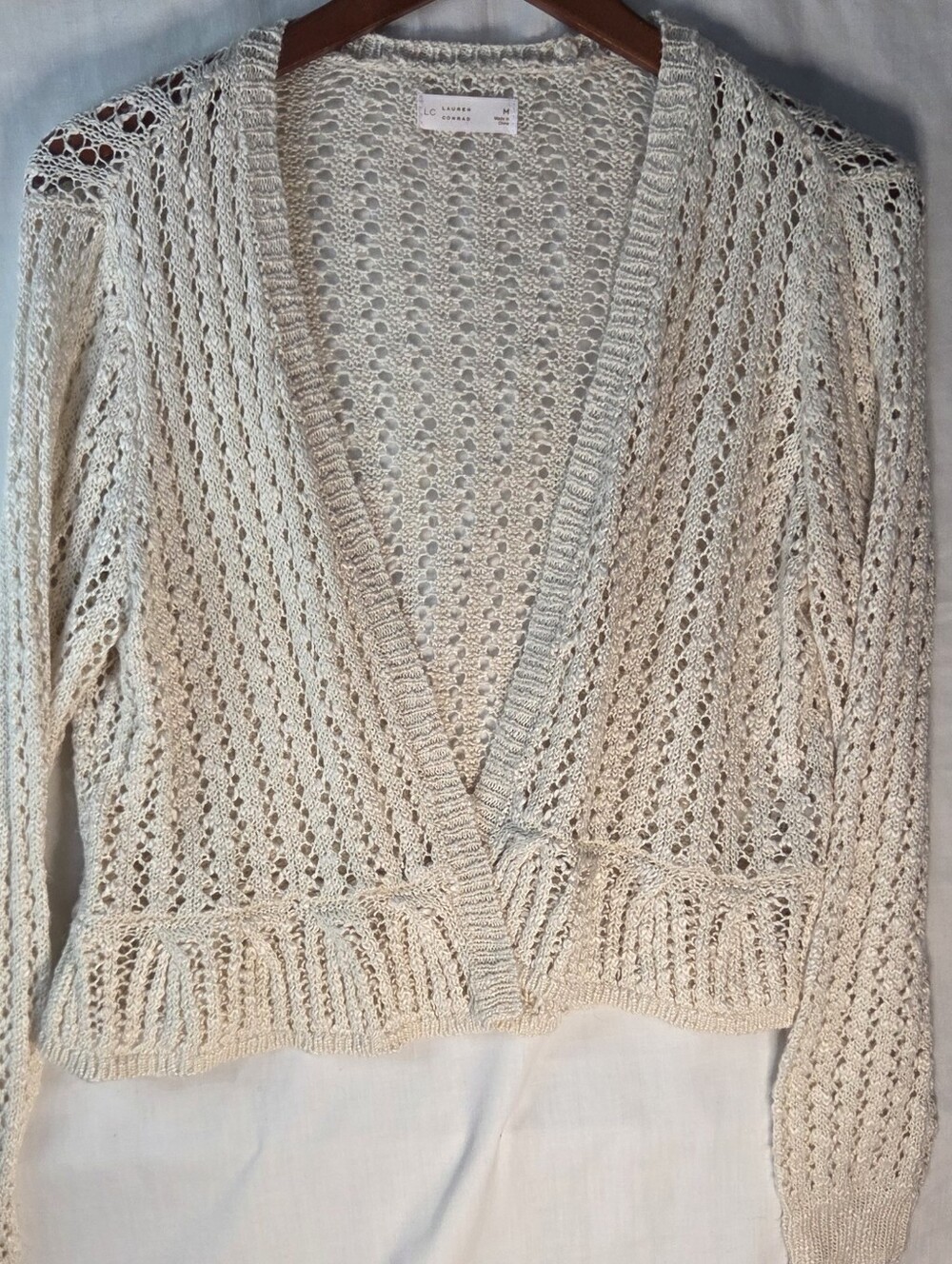Lauren Conrad Ivory Open-Knit Cardigan Long Sleeve Women's Sz M Boho Cottagecore